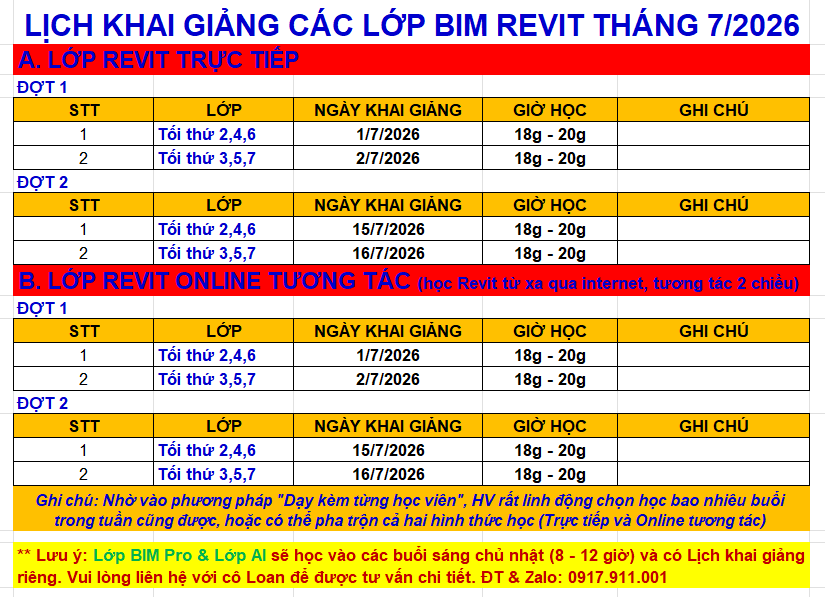 LỊCH KHAI GIẢNG CÁC KHÓA HỌC REVIT