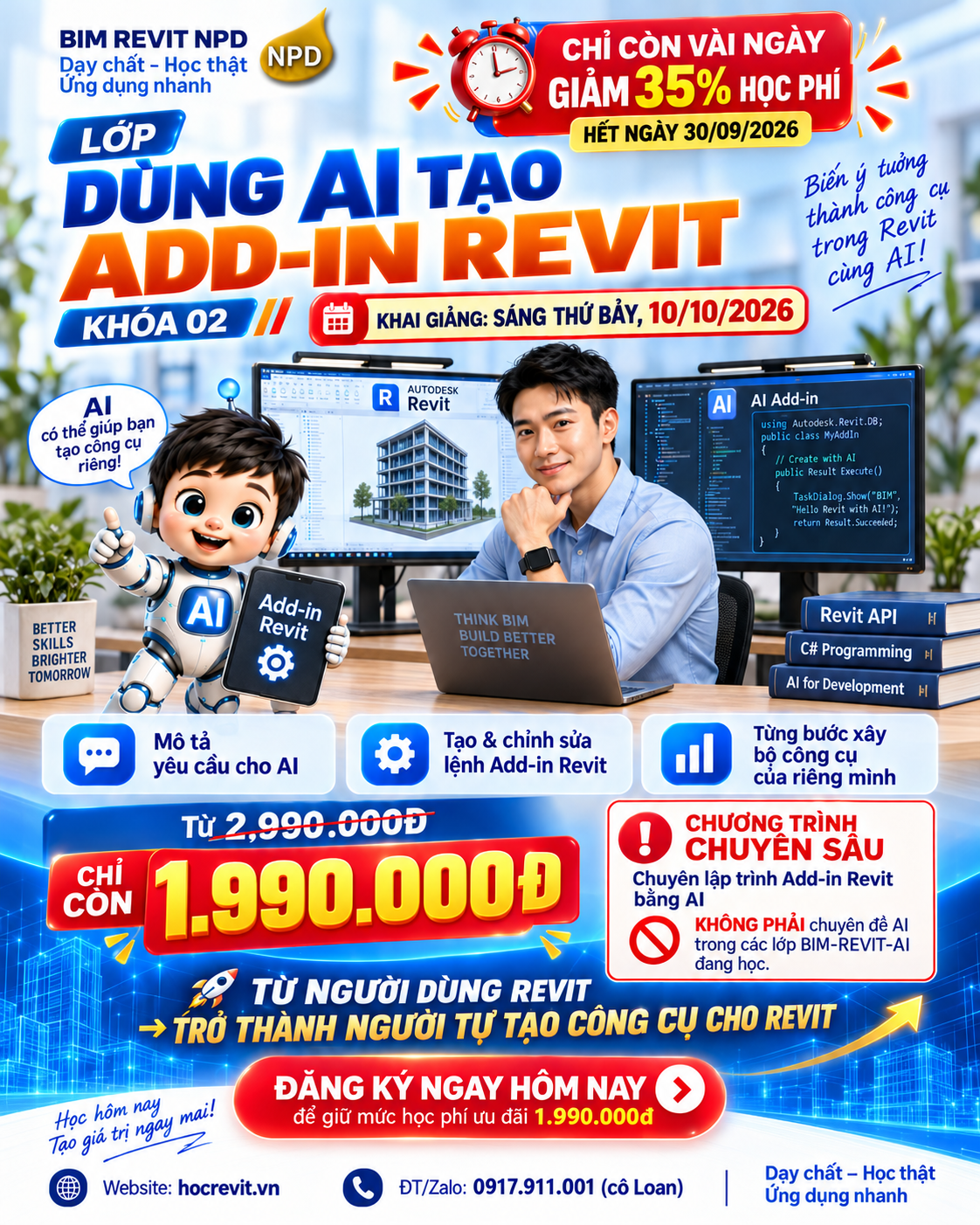 Giảm 35% học phí lớp Dùng AI tạo Addin Revit - Khóa 02 - Khai giảng ngày 10 tháng 10 năm 2026